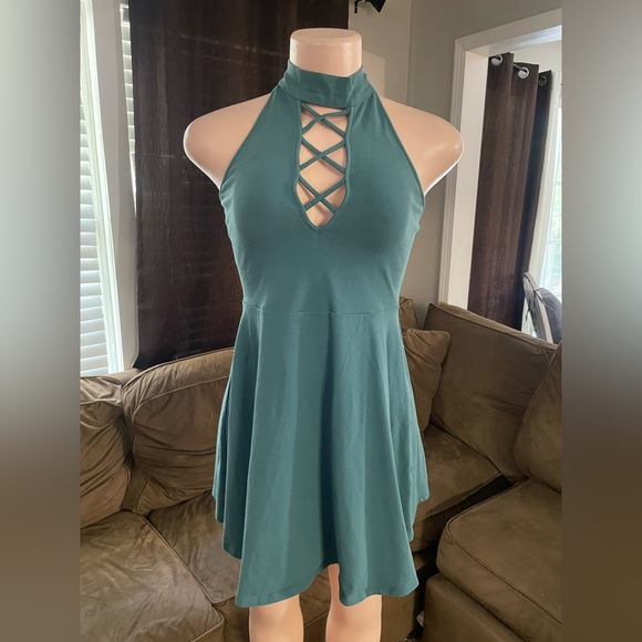 Express Teal Halter Neck Dress stretch small petite lightweight backless - Picture 1 of 8